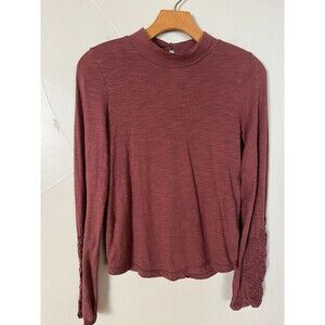 We The Free Long Sleeve Wine Cotton T-shirt, Embroidered Cuffs, Keyhole Close XS